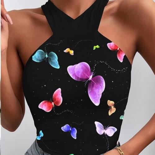 Black Butterfly Print Tank Top Women Summer Vintage Sleeveless Backless Halter Vest Y2K Sexy Streetwwear Tee Top England Style