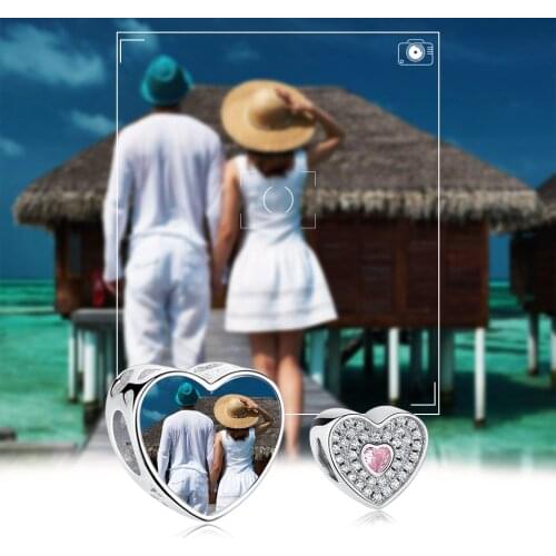 ELESHE 100% 925 Sterling Silver Fine Bead With Pink CZ Custom Photo Heart Bead Fit Women Original Bracelet DIY Jewelry Gift