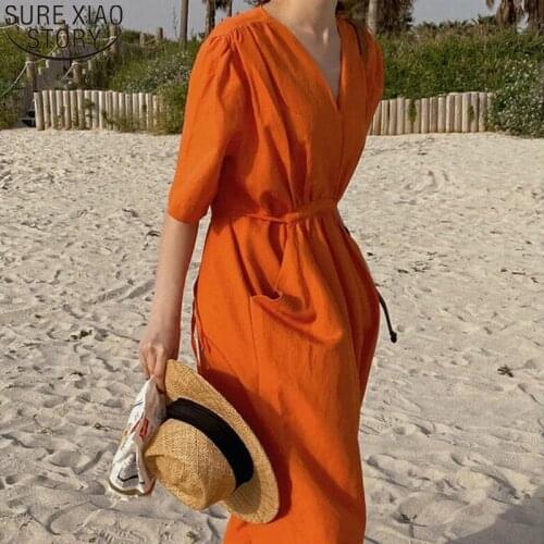 2021 French Elegant Holiday Dresses Women Summer Short Sleeve Solid Cotton Dress V-neck Pockets Casual Loose Orange Dress 15188