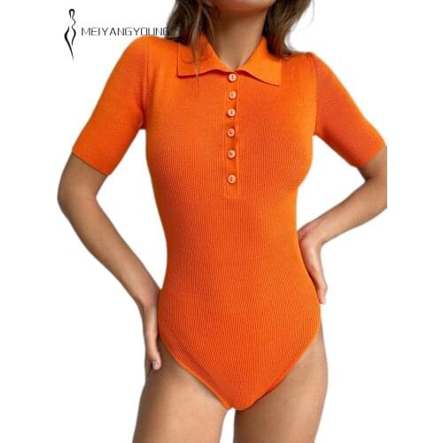 MEIYANGYOUNG Ribbed Knitting Bodysuit Women short Sleeve Skinny Button Shirt Collar Bodysuits Orange Jumpsuit One-Piece suit