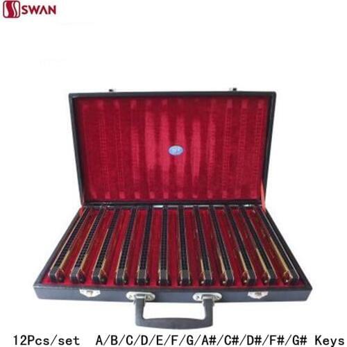 12Pcs/set Swan Harmonica 24 Hole Tremolo Harp Golden Color musical instrument with Gift Box Mouth Organ for Collect Gaita