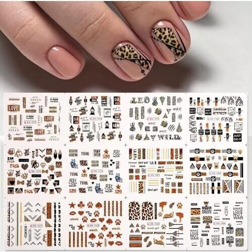 12pcs Leopard Stickers for Nails Marple Leaf Butterfly Water Decal Flower Girl Transfer Slider Set Manicuring Decoration Tips