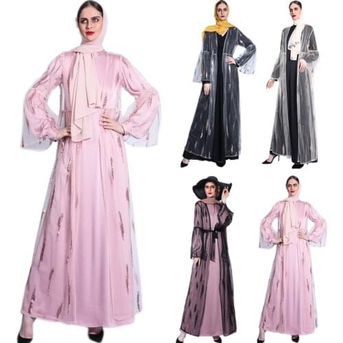 2021 Ramadan Eid Mubarak Sequins Lace Abaya Turkey Kimono Muslim Cardigan Islam Clothing Abayas For Women Dubai Kaftan Robe Gown