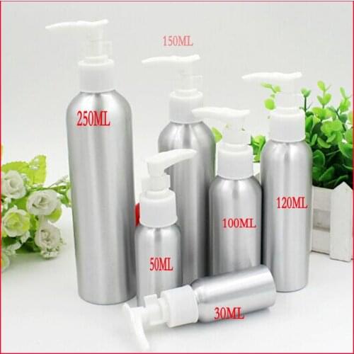 30/50/100/120/150/250ml aluminum bottle cosmetics bottle makeup Refillable Bottles w lotion pump CONTAINER 100pcs