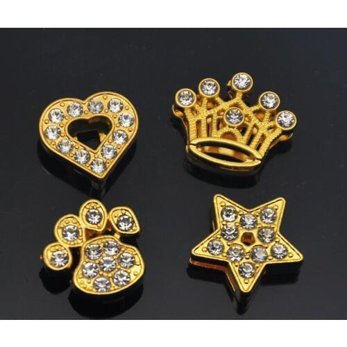 30PCS 10mm Alloy Gold Rhinestone Heart Crown Star Slide Charms Slide Beads DIY 10mm Bracelets Wristbands Pet Collar Belt Strap