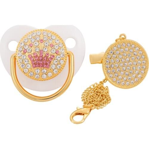 BLINGONLY Rhinestone Soother Dummies Luxury BPA Free Gold Bling Baby Pacifier With Chain Clip