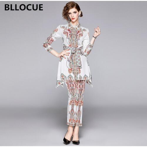 BLLOCUE 2019 Fashion Flower Printed Runway 2 Piece Sets Women Turn-down Collar Lace-up Irregular Shirt Top + Pencil Pants Sets