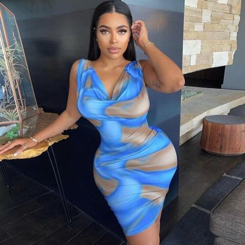 Elegant Tie Dye Print Sleeveless Mini Dress Women V Neck Bodycon Sexy Evening Party Club Short Dresses 2021 Summer Streetwear