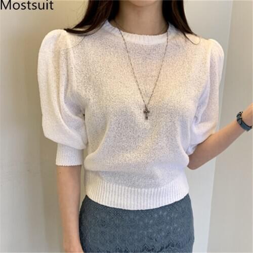 2020 Spring Summer Korean Knitted T Shirts Tees Women Puff Sleeve O-neck Casual Elegant Solid Fashion Slim Female Tops T-shirts