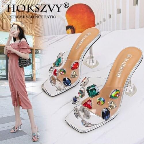 HOKSVZY Summer Fashion Shallow Mouth Crystal High Heels Thin Heeled Casual Outer Wear Open Toe Large Size Womens Sandals WZ