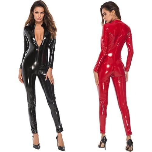 Sexy Women Latex Look Faux Leather Bodysuit Long Sleeve Catsuit Zip Open Crotch Romper Jumpsuit Zentai Costume Plus Size