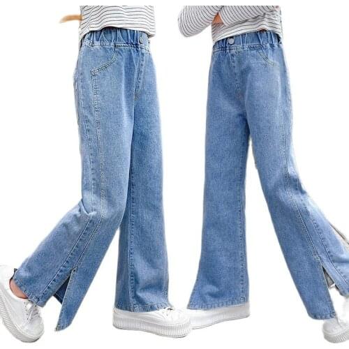 Teenage Girls Fashion Loose Jeans Fall Stretch Wide Leg Side Opening Trouser Casual Comfort Children Denim Pants 2021 Jean Pants