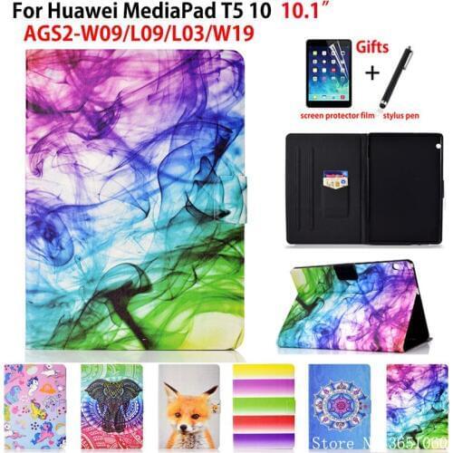 Fashion Case For Huawei MediaPad T5 10 AGS2-W09/L09/L03/W19 10.1" Cover Funda Silicone PU Leather Stand Skin Coque +Film+Pen