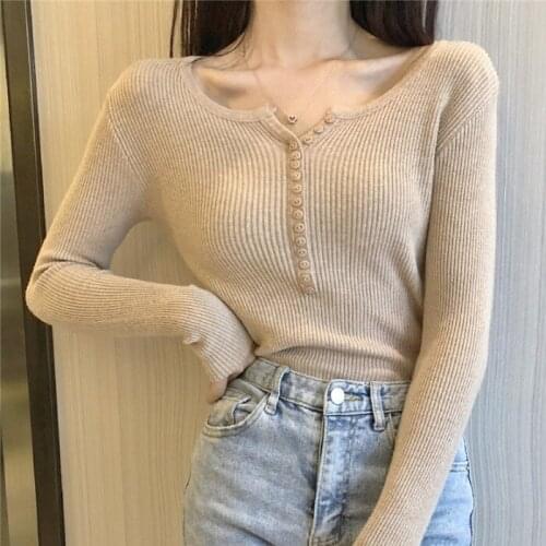 Trendy New Autumn Women BM Style Solid Color Sweater Streetwear Long Sleeve Tight Knitted Pullovers Single Breasted Thin Tops