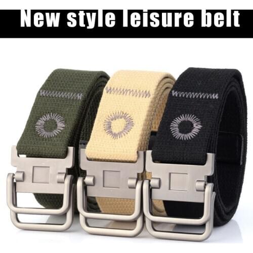 Men Belt Thickened Canvas Belt Double Buckle Durable Cowboy Pants Belt for Outdoor Sport -OPK