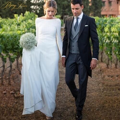 New 2019 Sheath Wedding Dress Long Sleeve Boat Neckline Backless Buttons Beach Country Wedding Gowns Reception Bride Dresses