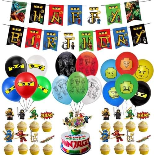 New Ninja Party Decoration Legoings Latex Balloons Legoing Ninjagoed Balons Happy Birthday Banner Boy Blocks Cake Topper Kid Toy