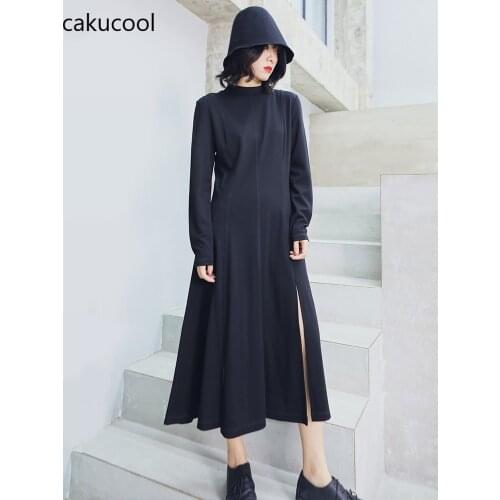 Cakucool 2019 new open small black dress simple and comfortable half-high collar drape knit dress early autumn