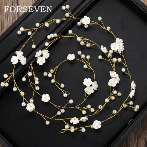 Ladies Long Hairbands Wedding Head Jewelry Pearl Flower Bride Headbands Gold Colors Headbands Tiara Hair Decorations For Bridal