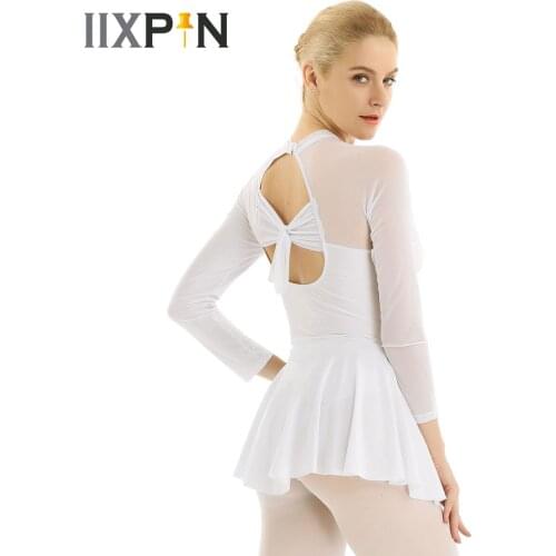 Adult Halter Long Sleeve Backless Ballet Gymnastics Leotard Dress Women Figure Ice Skating Dress Competition Dance Costume