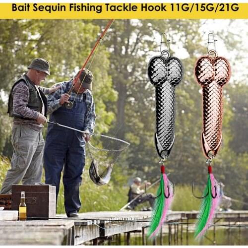 1pcs Metal Sequin Lure Black Rose Gold Metal Fish Bait Fishing Tackle Hook 11G/15G/21G With Feather Hard Lure Pike Carp Fishing