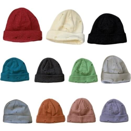 Women Men Winter Knitted Cuffed Beanie Hat Solid Color Harajuku Hip Hop Vintage Ripped Distressed Short Melon Skull Cap