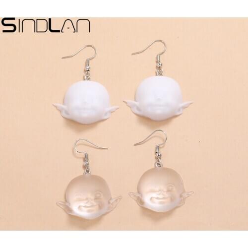 Sindlan 2Pairs Gothic White Ghost Face Drop Earrings Set for Women Funny Transparent Kid Female Fashion Ears Jewelry Gift Arete