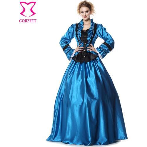 Blue/Black Satin Victorian Queen Gothic Ball Gown Carnival Party Dress Cosplay Civil War Victorian Halloween Costumes for Women