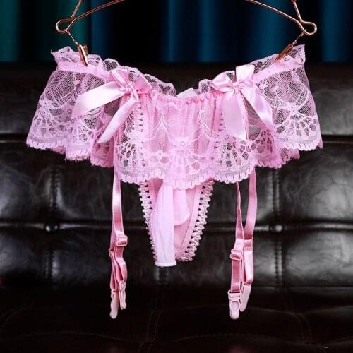 Sexy Men Lace Sheer Lace COCK Ring G-string U Convex Pouch Briefs Sexy G-string Thongs with Garter Sissy Male Gay Underwear