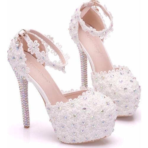 Crystal Queen 14cm Super High Block Heels White Lace Pearls Wedding Shoes Bride Ankle Strap Woman Sandals Brides