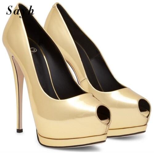 Fashion Women Shiny Patent Leather Platform Pumps Peep Toe Stilettos 14CM Thin High Heel Shoes US Size Plus