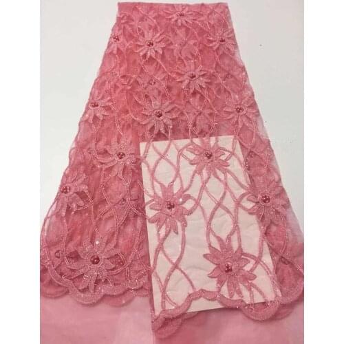 Unique Classic Hot Pink French Lace Cord Embroidery African Tulle Lace Fabric With Small Sequins Allover Appliques Beads CD32381
