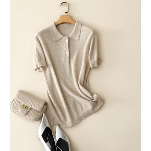 Ribbed knitted spring summer season 100% cashmere half buttons short sleeve pullovers for ladies