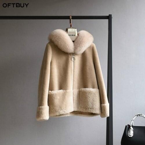 OFTBUY Real Fur Coat Winter Jacket Women Natural Fox Fur Collar Hood 100% Wool Content Woven Outerwear Teddy Polar Fleece Plush