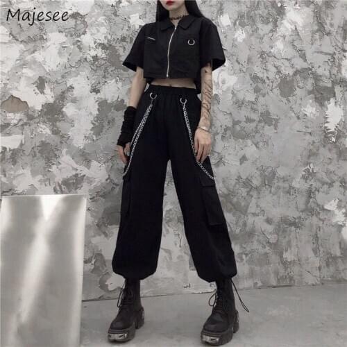 Casual Pants Women Cargo Plus Size 3XL Chains Loose High Waist Elastic Pockets Full Length Trousers Streetwear Chic BF Ulzzang