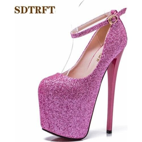 SDTRFT Crossdresser Stiletto 20cm thin high heels Female Shoes woman Round Toe Sequined Platform wedding Pumps Plus:47 48 49 50