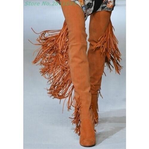 Fringe Women Winter Boots Almond Toe Over The Knee Runway Ladies Boots Brown Tassel Fashion Noverty Custoom Made Boots