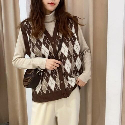 Women Korean Sweater Vest Knitting Pullovers Sleeveless Waistcoat Vintage Cardigan Geometric Argyle V Neck Female Sweaters Tops