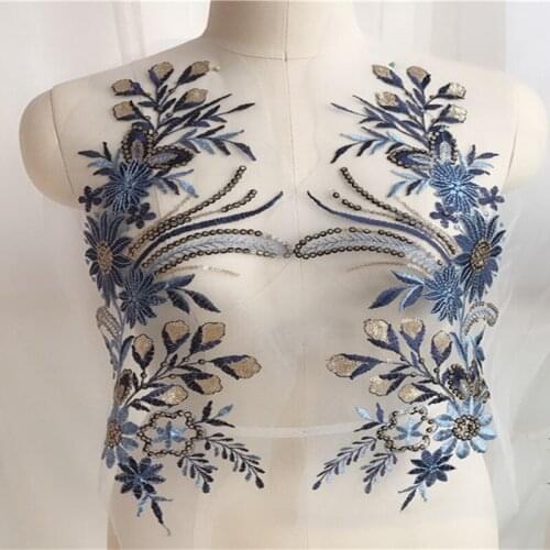 1Pair Blue Sequins Applique Motif Embroidery Diy Craft Large Flower for Sewing Clothing Dresses Lace Patches Accessories Diy