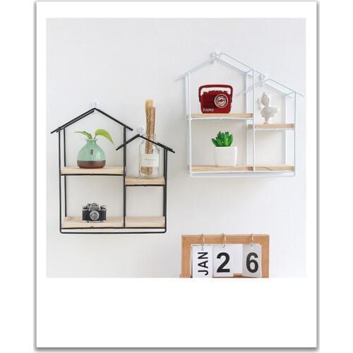 1PC House Metal Wall Rack Two layer Flower Vase Holder Multi-use Wooden Wall Sundries Holder Wall Shelf Storage Rack JL 247