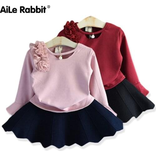 2019 Autumn New For The Girls Clothes Suit Long-sleeved Shirt Skirt 2 Piece Suit Pearl Flower Childs Clothes Flare Sleeve Suit