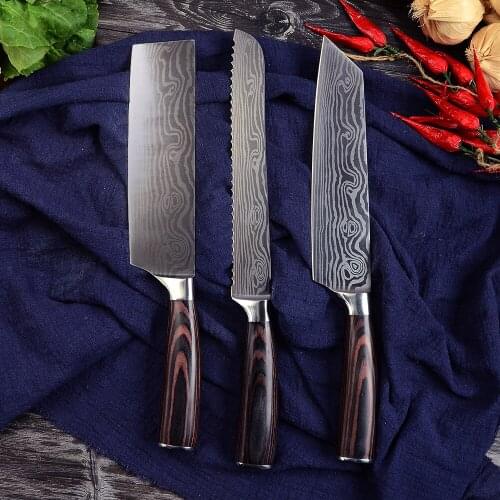 3Pcs Stainless Steel Kicthen Knives Set 7,7.5,8 Inch Chopping Cleaver Bread Multifunction Cooking Knives With Curved Wood Handle