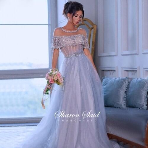 Arabic Sky Blue Dubai Evening Dress Cap Sleeve Beaded Crystal Burgundy Long Formal Prom Dresses Women Wedding Party Night Gowns