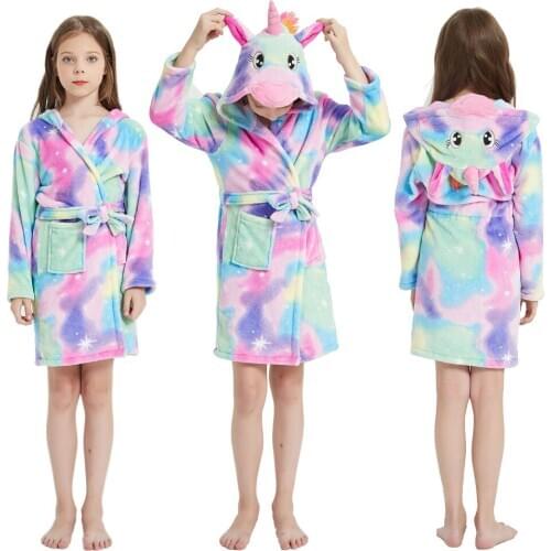 Rainbow Unicorn Baby Girls Kigurumi Bathrobe Children Beach Towels Girls Clothes Pyjamas Hooded Towels Nightgowns for Girl