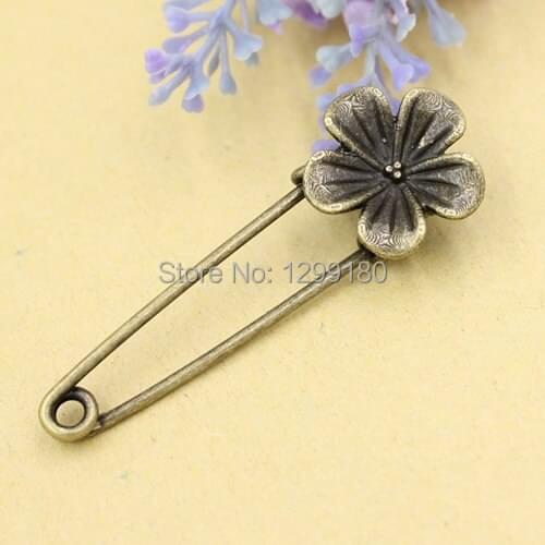 10pcs/lot Alloy Antique Bronze Vintage Flower Brooch Safety Pins For Garment Accessories Scarf Clip pins Length:54mm (K02076)