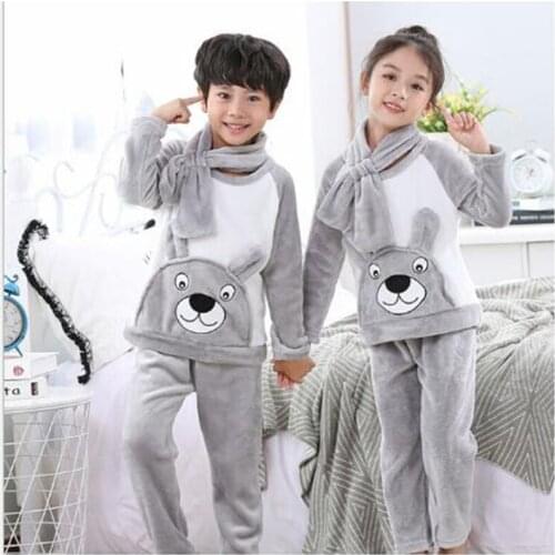 Kids Pajamas Winter Girls Boys Sleepwear Baby Clothes Animal Cartoon Pijamas Sets Warm Flannel Childrens Pyjamas+ Scarf