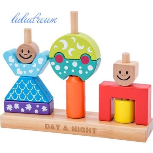 Day & Night Pillar Blocks Montessori Wooden Block Toys Parent-child Interaction Games Shape Building Block