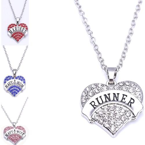 Hot Selling rhodium plated zinc studded with sparkling crystals MARINES/NAVY-MOM/NAVY-WIFE/RUNNER heart pendant chain necklace