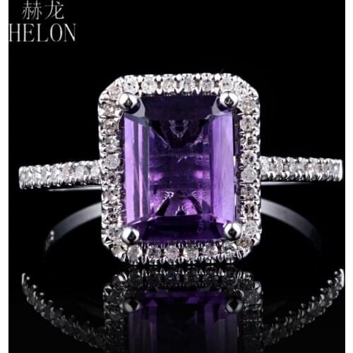 HELON Sterling Silver 925 Flawless 8x6mm Emerald Cut Natural Amethyst & Diamond Engagement Ring For Women Anniversarry Best Gift