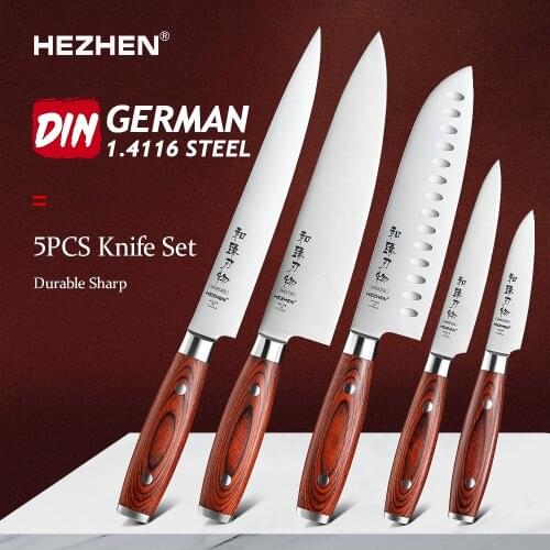 HEZHEN 5PC knife Set Stainless Steel Kitchen Tools Cook Knives Basic Series Chef Cleaver Santoku Utility Paring Knives
